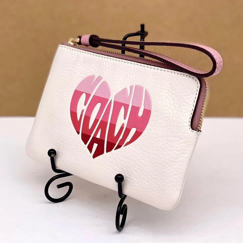 COACH Corner Zip Wristlet Wallet With Stripe Heart Motif